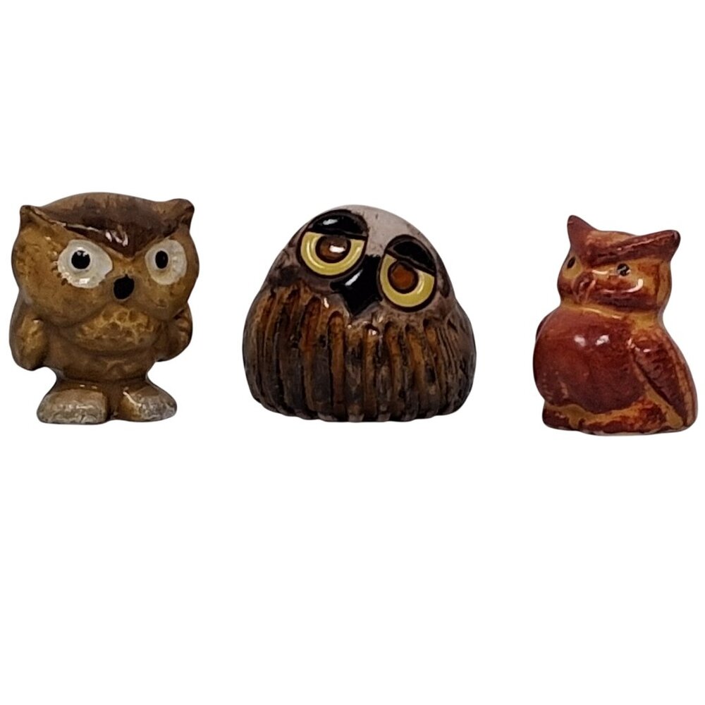 Vintage Owl Miniature Figurine Lot of 3 Owls Ceramic Japan Grimy Peru Birds